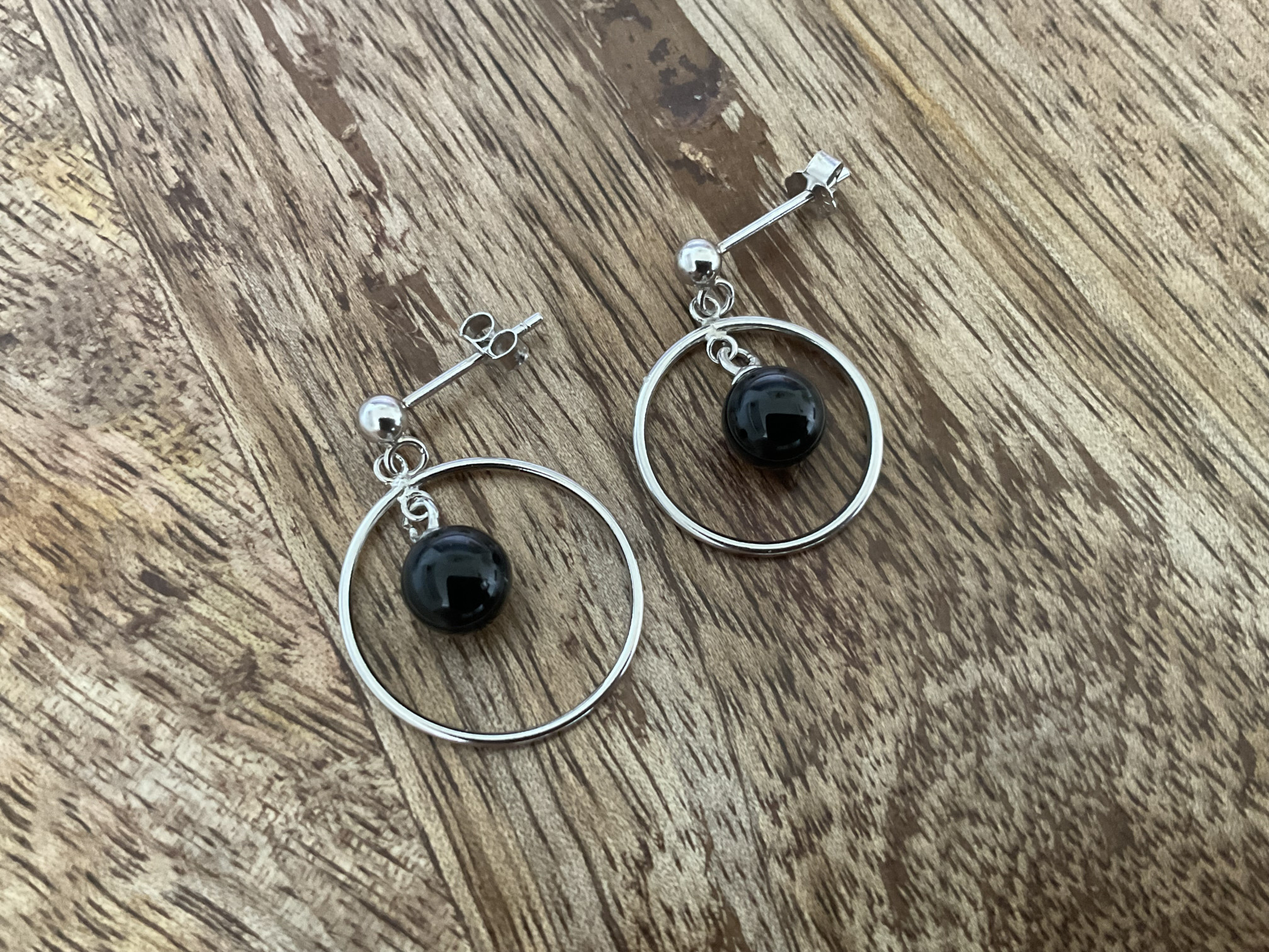 Black Onyx Circle Stud Dangle Earrings - Click Image to Close